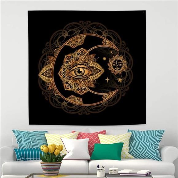 OERJU 29.5x29.5 In Tarot Style Tapestry Golden Moon Eye Floral Burning Sun Stars